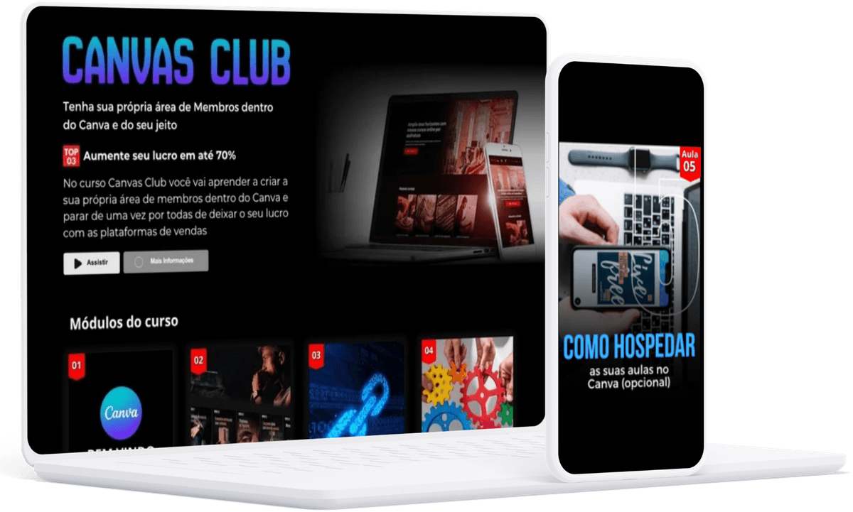 Pré-visualização da área de membros Canvas Club em notebook e celular.